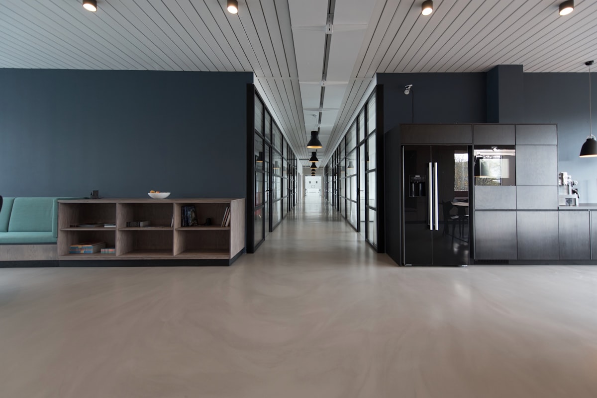 Modern office interior with dramatic lighting and clean lines
